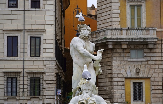 February 23rd,2024, Rome, Italy. Statue of a Triton and seagulls, in the Fontana del Moro (Fountain of the Moor), in Piazza Navona