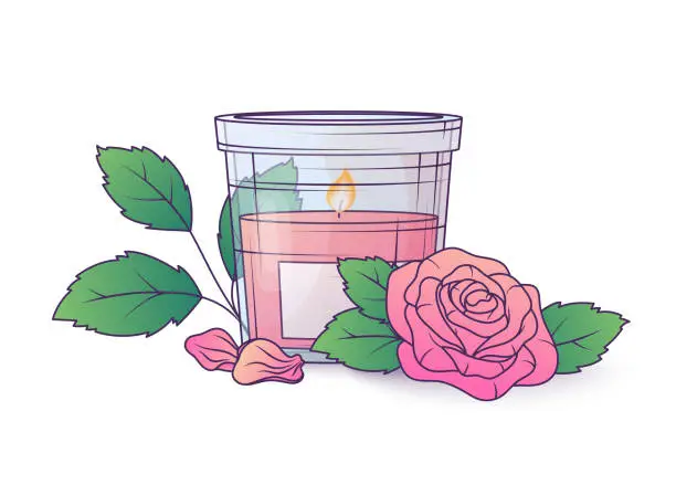 Vector illustration of Vector illustration of composition with scented candle with rose flower.