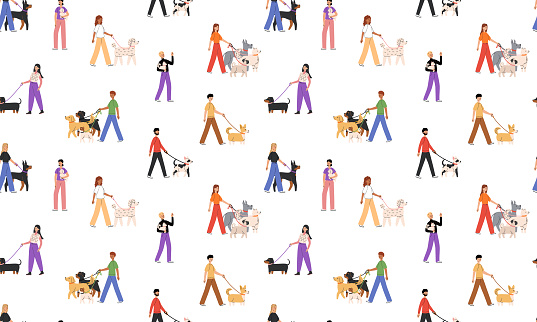 Seamless pattern with people walking dogs of different breeds. Pets owners with diverse big and little doggies. Dog trainer. Side view. Flat Vector illustration isolated