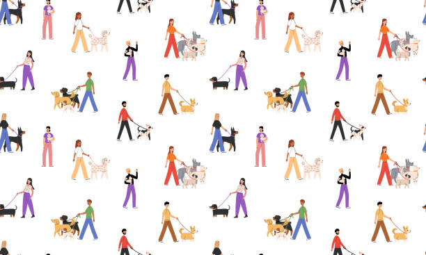 Seamless pattern with people walking dogs of different breeds. Pets owners with diverse big and little doggies. Dog trainer. Side view. Flat Vector illustration isolated on white background Seamless pattern with people walking dogs of different breeds. Pets owners with diverse big and little doggies. Dog trainer. Side view. Flat Vector illustration isolated man walking a pug dog stock illustrations