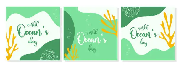 Vector illustration of World Oceans Day poster set with seaweed, seashell coral and air bubbles. Harmonious azure turquoise flowing shapes in boho style.