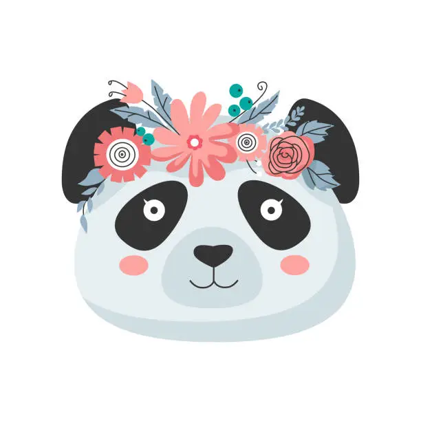 Vector illustration of Panda head with flower crown.