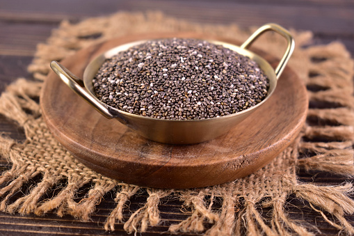 Chia seeds in a broom bowl.  Close-up.