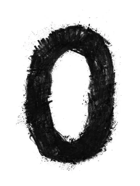 Vector illustration of Numer zero, letter O - abstract round black charcoal drawning isolated on white paper background - original illustration in vector - unique doodle with amazing texture and realistic carelessly scattered lumps of harcoal around