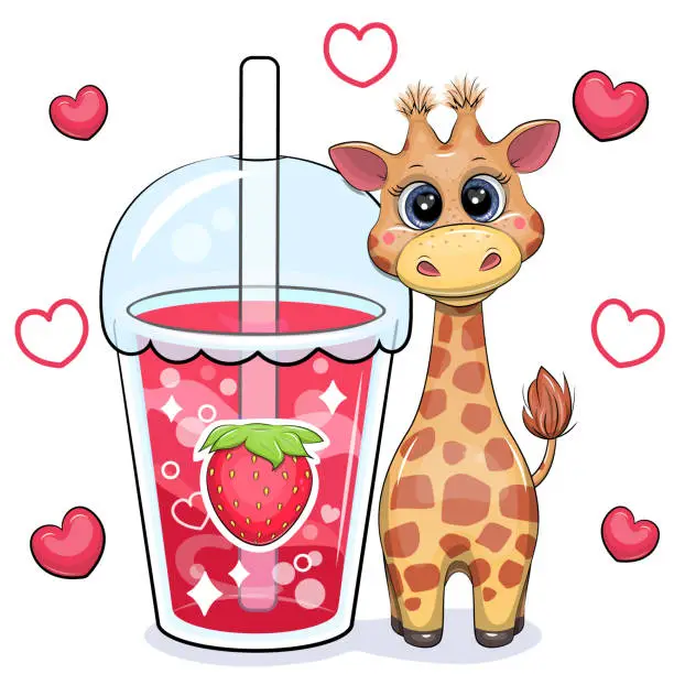 Vector illustration of Cute cartoon giraffe with a big strawberry drink.