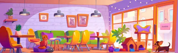 Vector illustration of Dog and cat friendly cafe interior with visitors