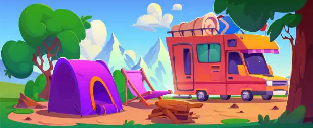 Vector illustration of Camping place with camper van and bonfire at night