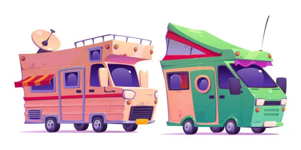 Vector illustration of Family camper van with tent for travel concept.