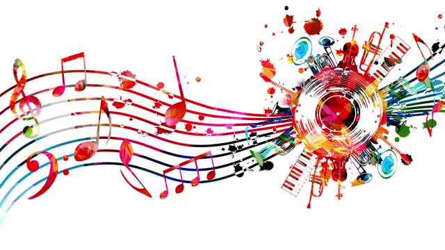 Music background with colorful music instruments and vinyl record disc animation. Music festival animation with double bell euphonium, violoncello, trumpet, piano, euphonium, sax and guitar.