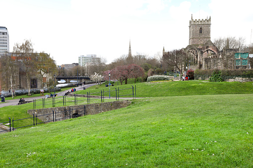 Bristol, England- March 30, 2024: Castle Park, a green open space in Bristol city centre