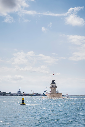 The Maiden's Tower or Leander's Tower, defensive watchtower and lighthouse at Bosphorus, Marmara sea, Istanbul, Turkey, vertical copy space