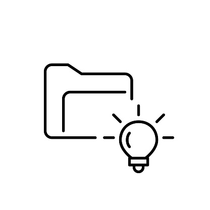 Digital Knowledge Repository Icon. A file folder and glowing lightbulb. Accumulation of creative ideas in digital files. Pixel perfect, editable stroke vector icon