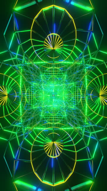 Vertical video A seamless loop of a neon pulsating and rotating sci-fi VJ background