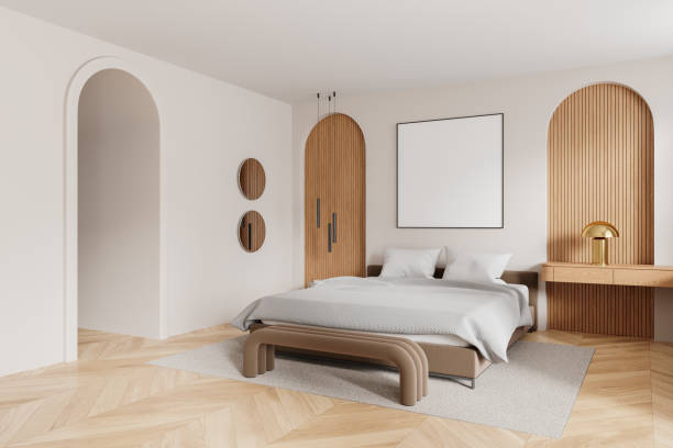 istock Modern hotel bedroom interior with bed and decoration. Mock up frame 2148594975