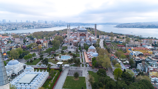 Aerial view of Hagia Sophia in Istanbul, Turkey.