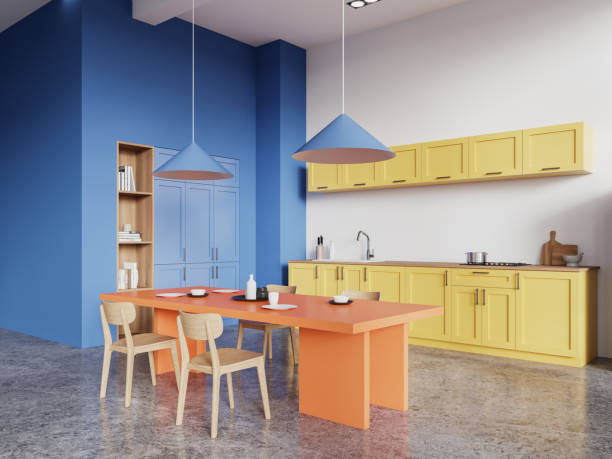 istock Colorful home kitchen interior with cooking and dining table with chair, shelf 2148595353