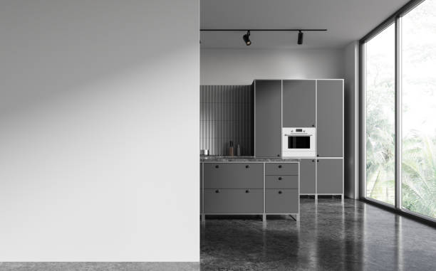 istock Home kitchen interior with bar island and cabinet near window. Mock up wall 2148595579