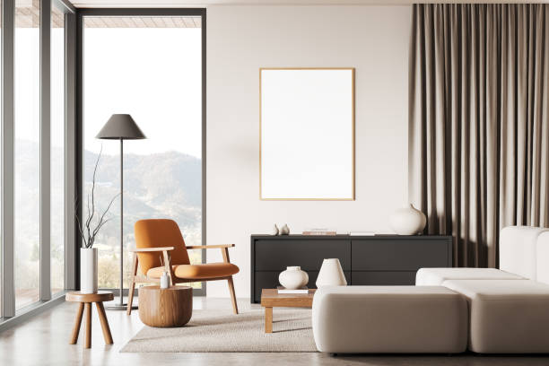 istock Stylish living room interior with couch and sideboard near window. Mockup frame 2148595663