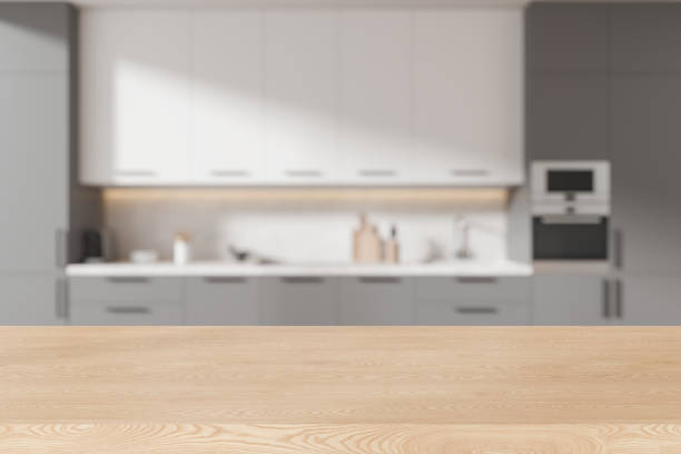 istock Wooden mock up table on background of kitchen interior with accessories 2148595701