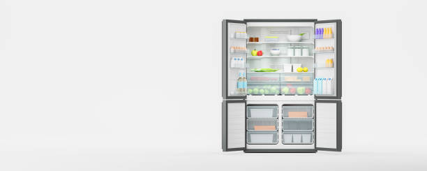 istock White opened double door modern fridge with food on empty background 2148595843