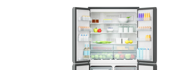 istock White opened double door modern fridge with food on empty background 2148595856