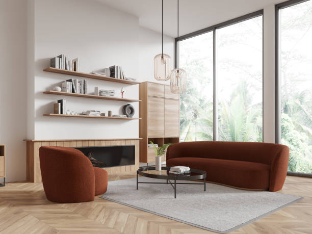 istock Cozy hotel living room interior with couch and coffee table, drawer and window 2148595994