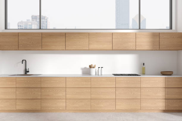 istock Wooden home kitchen interior with washbasin and stove, panoramic window 2148596026
