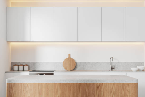 istock Modern home kitchen interior with bar island and cooking space with kitchenware 2148596141