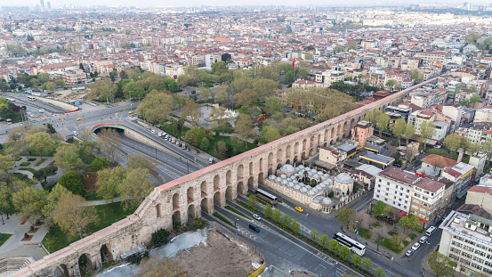 Aerial View of Bozdogan Aqueduct or Valens Aqueduct / Fatih Istanbul, Turkey.