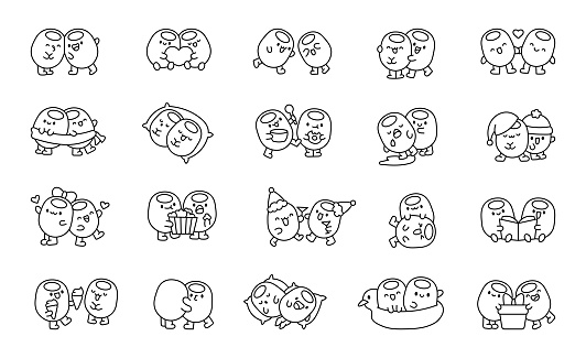Happy olives friends. Coloring Page. Vegetable hugging and sitting together. Hand drawn style. Vector drawing. Collection of design elements.
