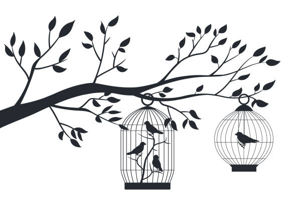 木にぶら下がっている鳥かご。金属製のケージのシルエットのエキゾチックな鳥、木の上の装飾的な鳥のケージ、フィンチ、セキセイインコ、カナリアの木のケージのフラット ベクトル シ� - branch bird flying pets点のイラスト素材／クリップアート素材／マンガ素材／アイコン素材