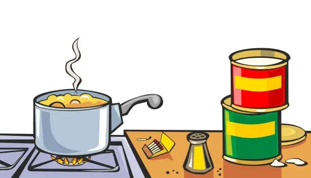 Vector illustration of Chef preparing soup and reading recipe cookbook.