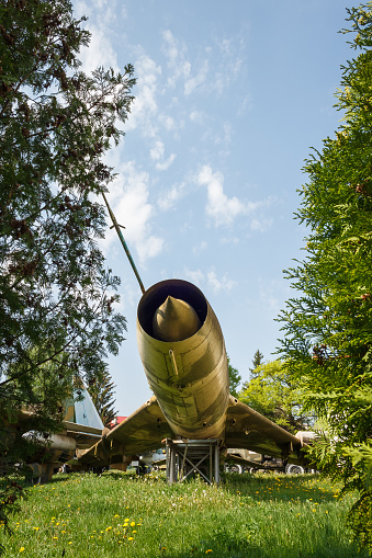 Fragment of a fuselage of an old jet fighter plane among plants