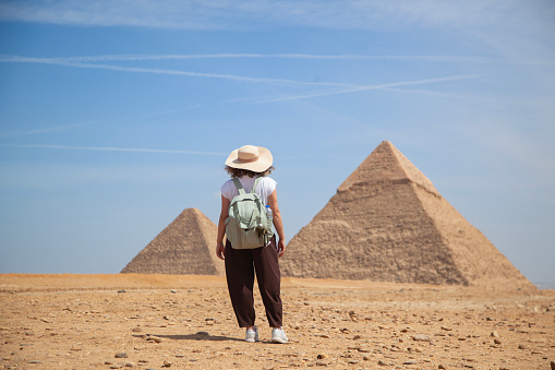 World traveler visits Kheops pyramid (Khufu), Khafra and Menkaura
