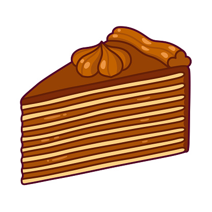 Slice of traditional Chilean Torta Mil Hojas cake. Mille-feuille pastry with many thin layers and dulce de leche (manjar) filling. Cartoon drawing, vector illustration.