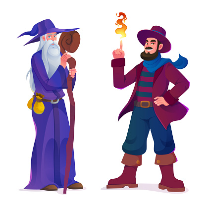 Medieval wizard and magician characters isolated on white background. Vector cartoon illustration of old bearded wise man with wooden staff, young trickster showing tricks with fire, fairytale design