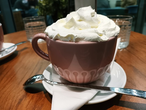Hot chocolate with whipped cream on restaurant table