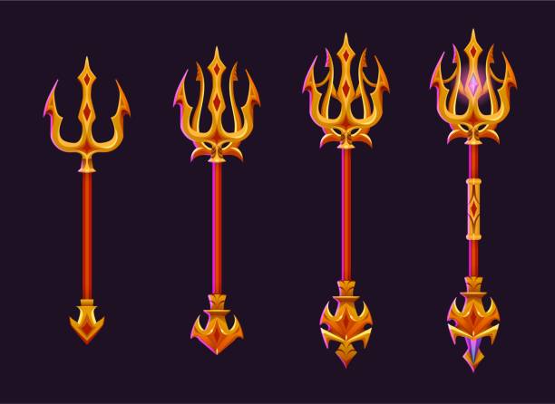 Magic gold trident for game ui level rank design. Poseidon or Neptune magic golden trident for game ui level rank design. Cartoon vector illustration set of fantasy metallic spear with pitchfork in various steps of decoration and ornaments progress. triton stock illustrations