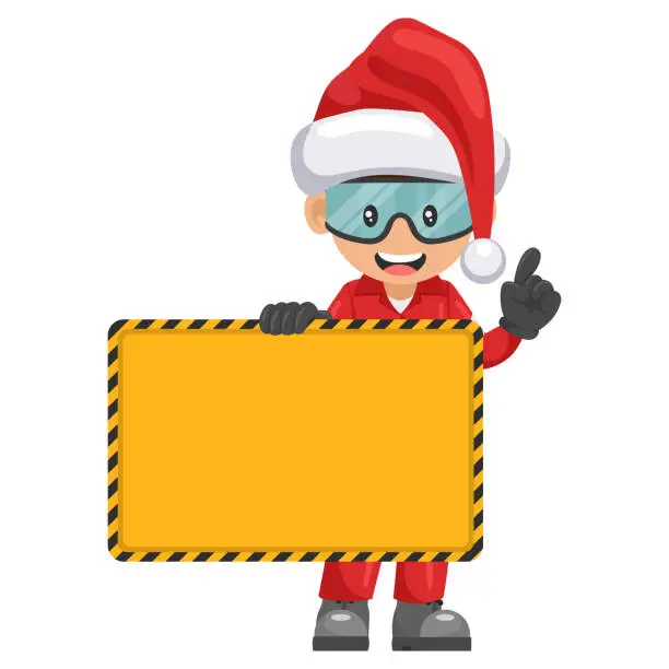 Vector illustration of Industrial mechanic worker with Santa Claus hat holding a banner with space for text for advertising, presentations, brochures. Merry christmas. Industrial safety and occupational health at work