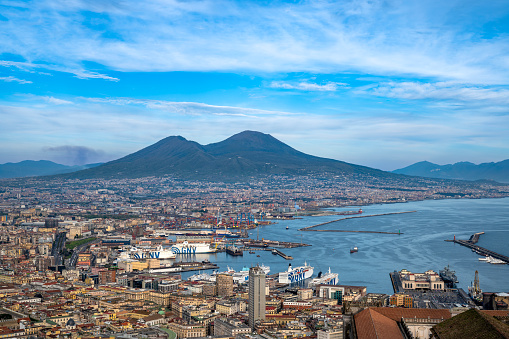 Naples, Campania, Italy - 09, April 2024: As shown in the image from above, Naples is a city of art, it opens in the shape of an amphitheater onto the sea and is bordered by Vesuvius.