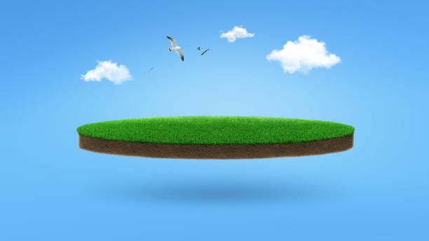 istock Green field podium with grass, blue sky, clouds and birds, creative idea. Nature and greenery, concept 2148603046
