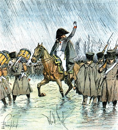 Napoleon surrounded by his troops who he commands in the rain dramatic image