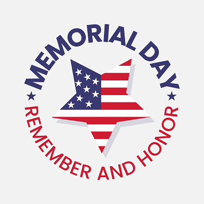 Memorial Day emblem with American flag in a star shape. Remember and honor symbol. Memorial holiday for American independence day. Red and blue color.
