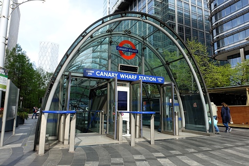 Canary Wharf, London, England, UK - April 13th, 2024: Canary Wharf London Underground Station entrance on the Isle of Dogs in East London