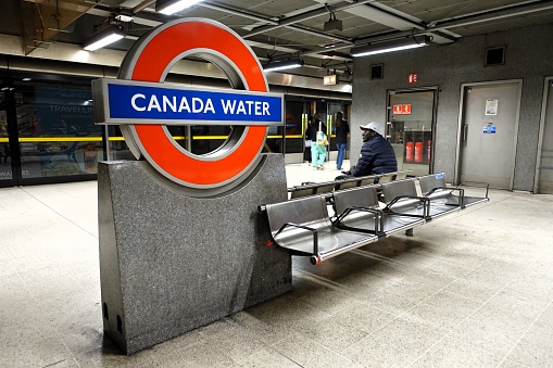 London, England, UK - April 13th, 2024: Canada Water Station, London Underground sign on platform