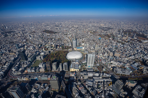 View from helicopter flying over Tokyo, heading to Tokyo Skytree