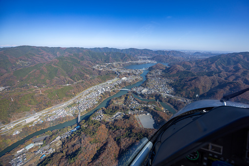 View from helicopter flying over Lake Tsukui, heading to Tokyo