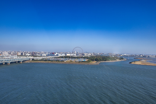View from helicopter flying over Tokyo Bay