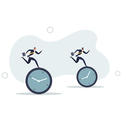 business people riding clock to finish work assignment.flat vector illustration.
