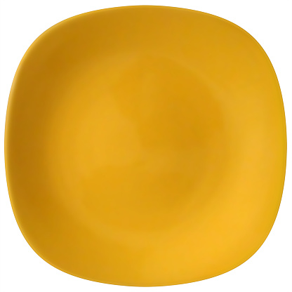 Studio shot of yellow squircle porcelain plate, isolated on white background, viewed directly above.
